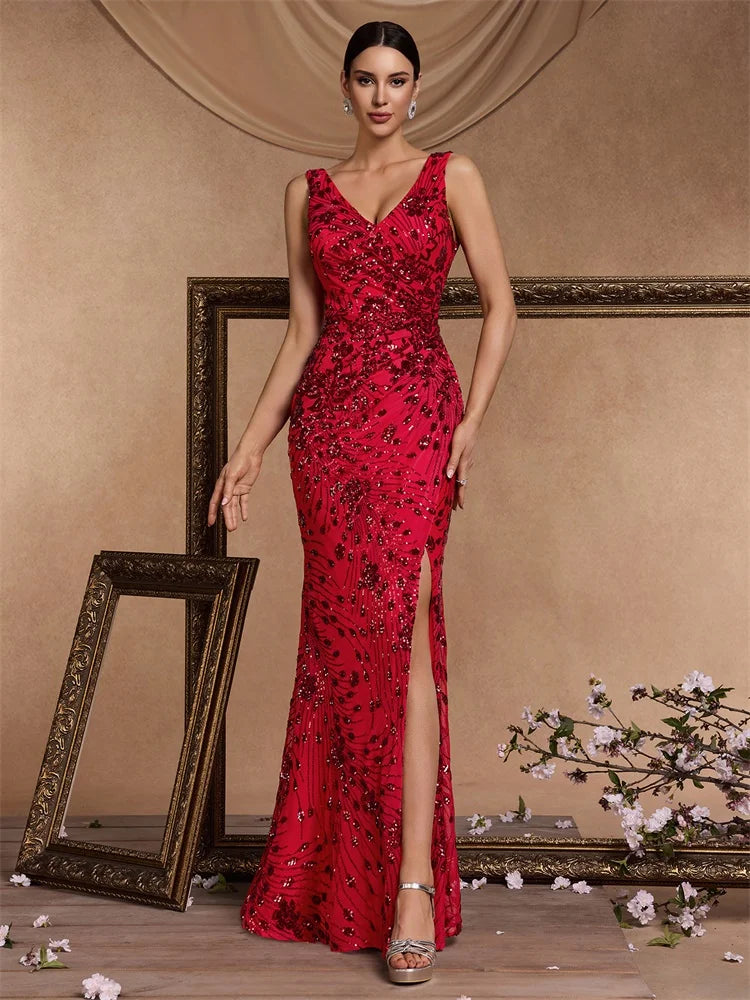 FZ Women's V-neck Slit Sequin Mermaid Deep Cocktail Evening Dress