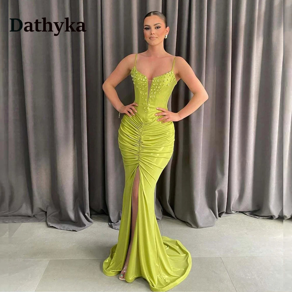 FZ Women's Scoop Neck Prom Spaghetti Strap Trumpet Slit Lacing up Satin Evening Dress