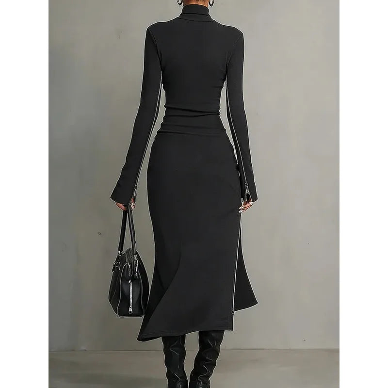 FZ Women's Asymmetric Y2k Turtleneck Long Sleeve Streetwear Dress