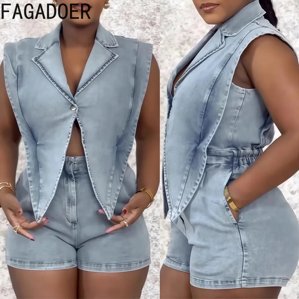 FZ Women's Lapel Sleeveless Hollow Button One Piece Denim Jumpsuit