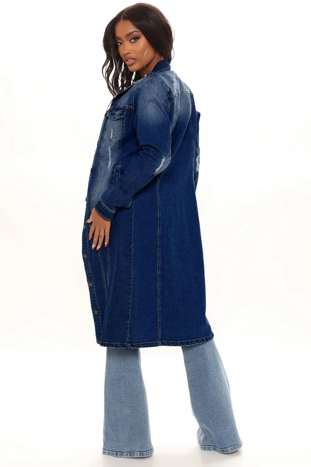 FZ Women's Hole Loose Turndown Collar Straight Denim Jacket - FZwear