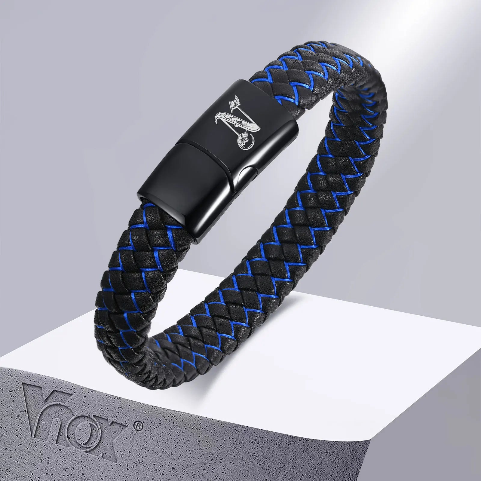 FZ Blue Black Braided Leather A-Z Initial Bracelet - FZwear