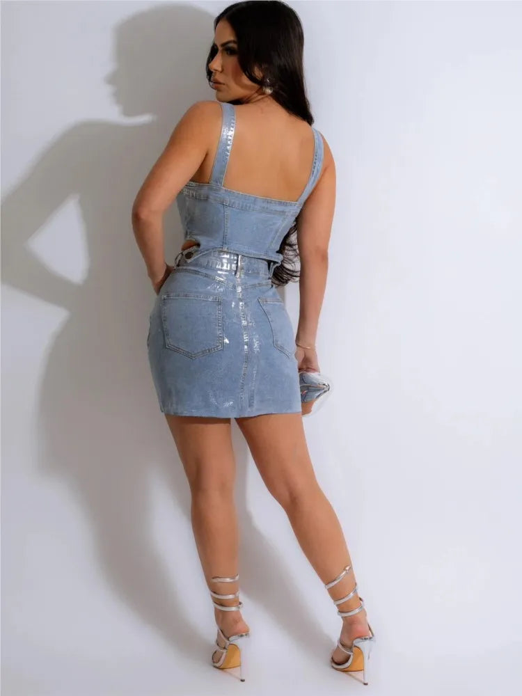 FZ Women's Denim Pocket Sleeveless Mini Skirt Suit - FZwear