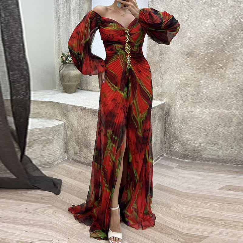 FZ Women's V Neck Full Sleeve Patchwork Folds Slim Maxi Dress