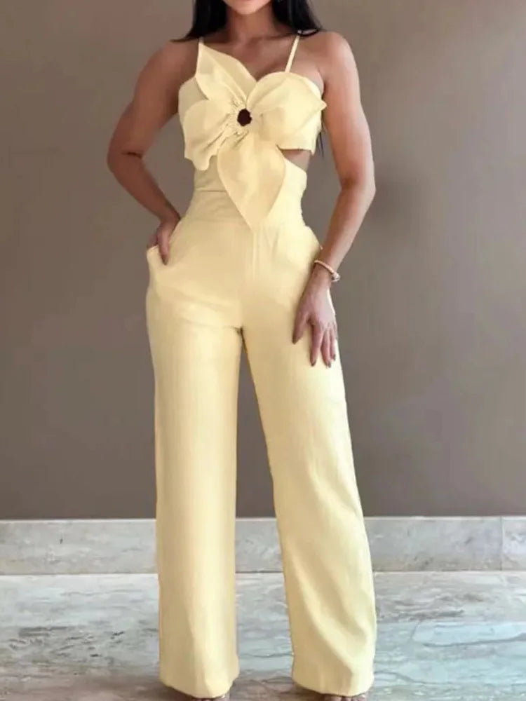 FZ Women's Pocket Patchwork Hollow Slim Fit Simple Wide Leg Jumpsuit - FZwear