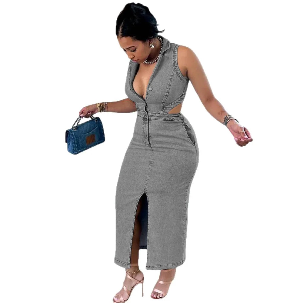 FZ Women's Halter Sleeveless Side Hollow Stretchy Slim Denim Dress