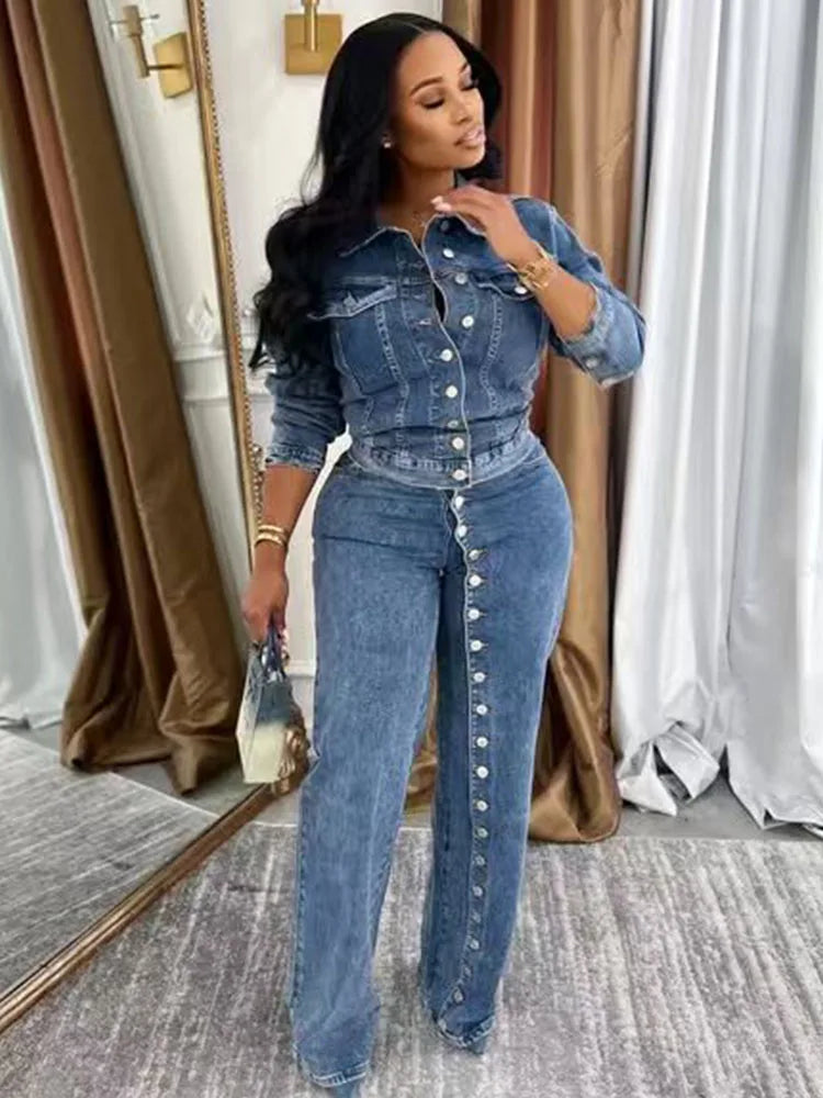 FZ Women's Streetwear Single-breasted Button 2 Piece Wide Leg Denim Pants Suit