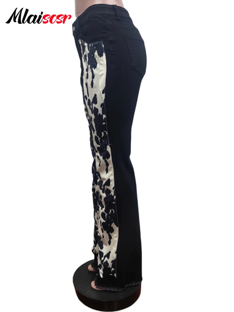 FZ Women's High Street Printed Patchwork Stretch Boot Cut Denim Pants