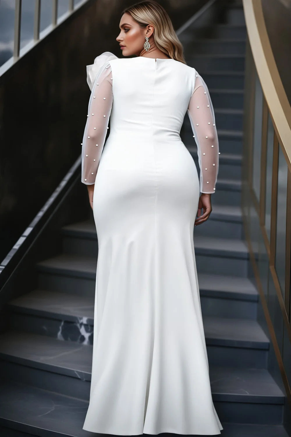 FZ Women's Plus Size Long Sleeve Pearl Split 3D Maxi Dress