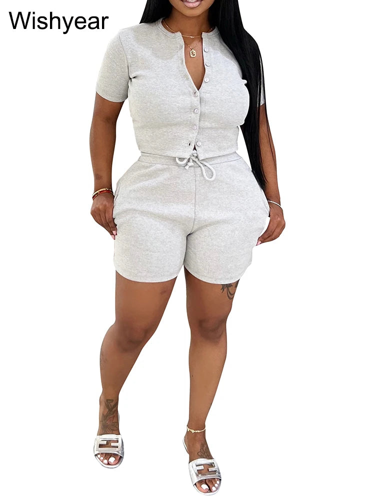 FZ Women's Casual Two Piece Short Sleeve Rib Hot Shorts Suit