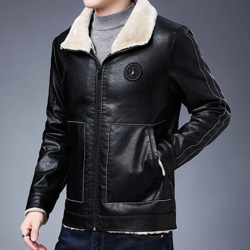 FZ Men's Plus Size Fur Collar Plus Velvet PU Leather Jacket