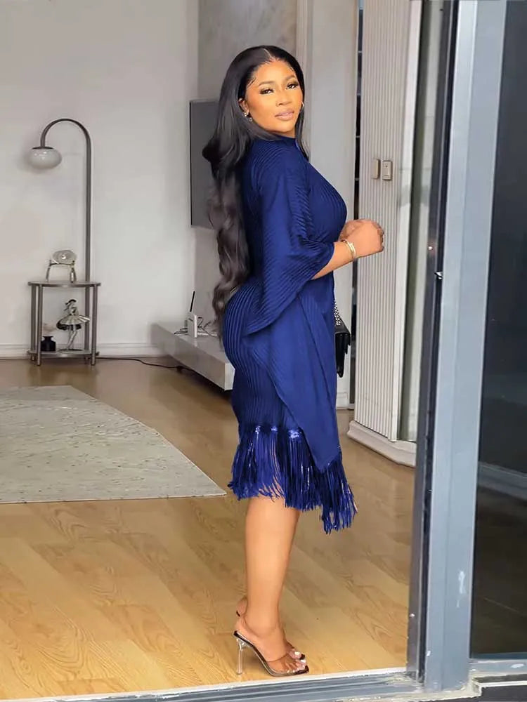 FZ Women's Tassel Sequin Stretchy Batwing Sleeves French Style Knitted Dress