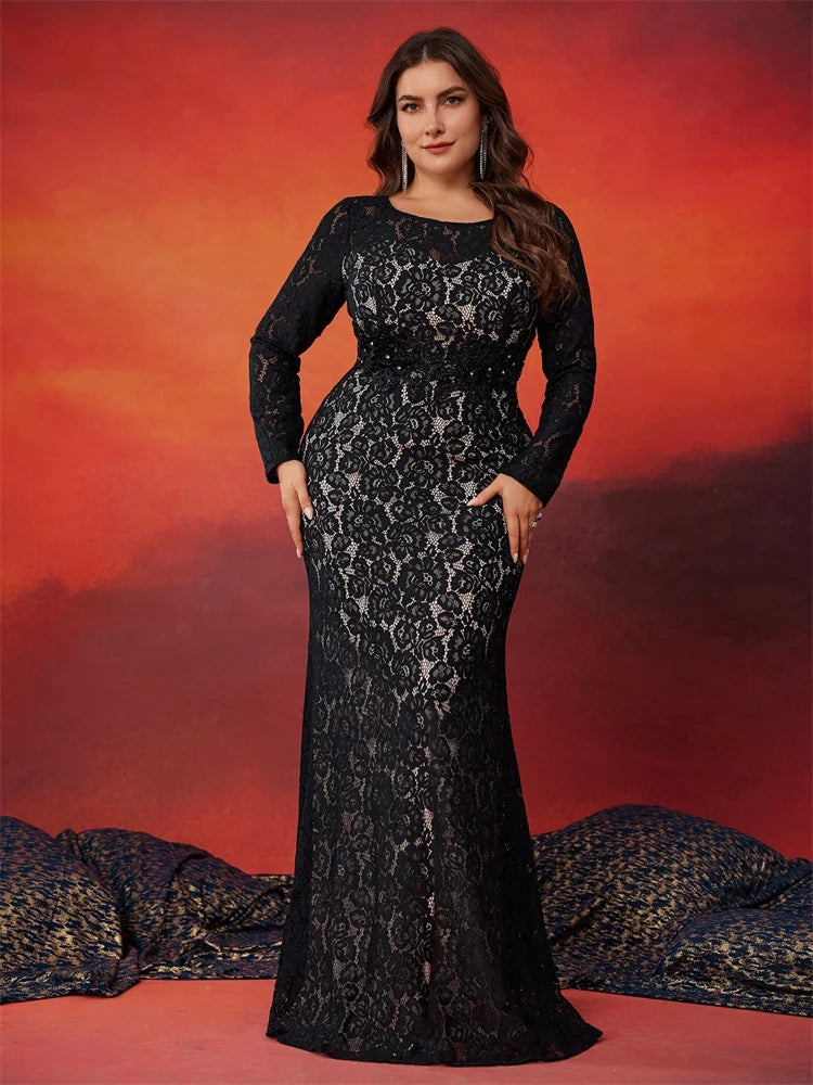 FZ Women's Plus Size Elegant Long Sleeves Mermaid Maxi Evening Dress