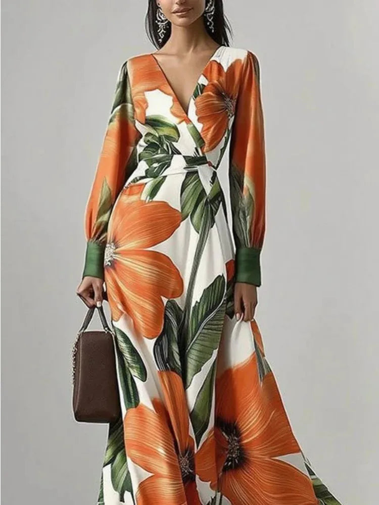 FZ Women's Tropical Floral Print V-Neck Long Sleeve Wrap Maxi Dress