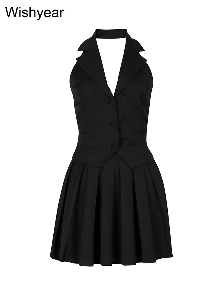 FZ Women's V-Neck Halter Backless Pleated 2 Piece Skirt Suit