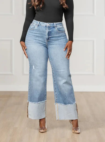 FZ Women's Streetwear Straight Washed Patchwork Wide Leg Ripped Denim Pants