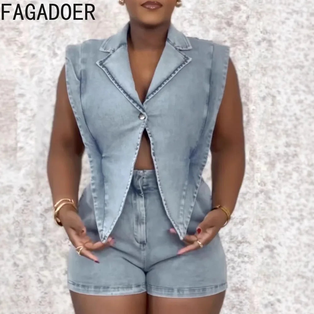 FZ Women's Lapel Sleeveless Hollow Button One Piece Denim Jumpsuit