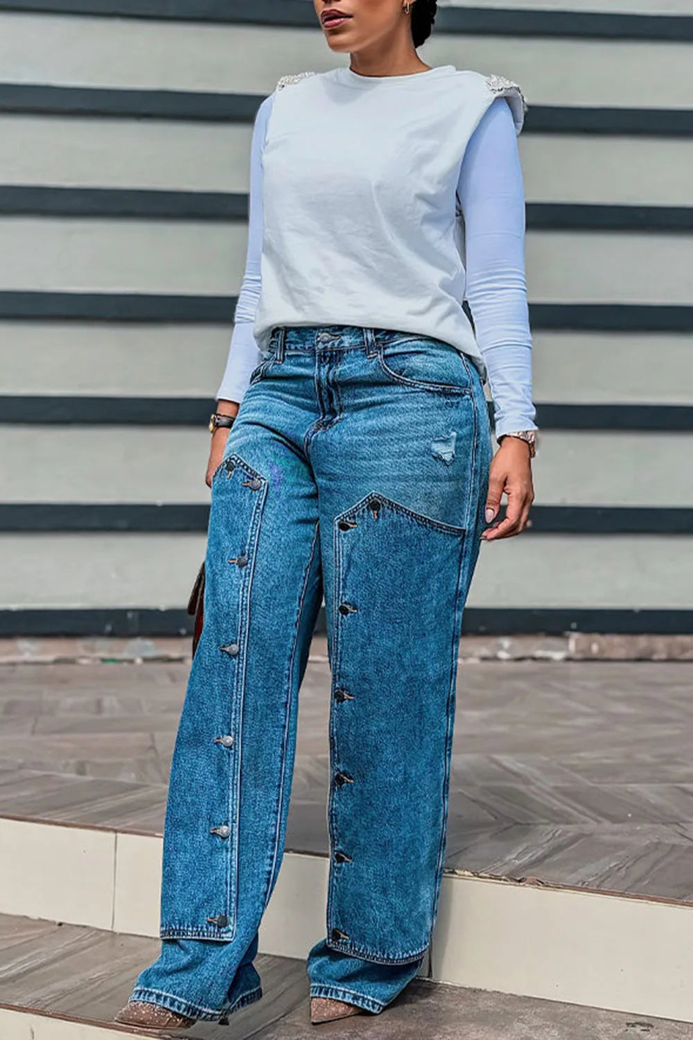 FZ Women's Plus Size Contrast Buttons Pocket Denim Pants