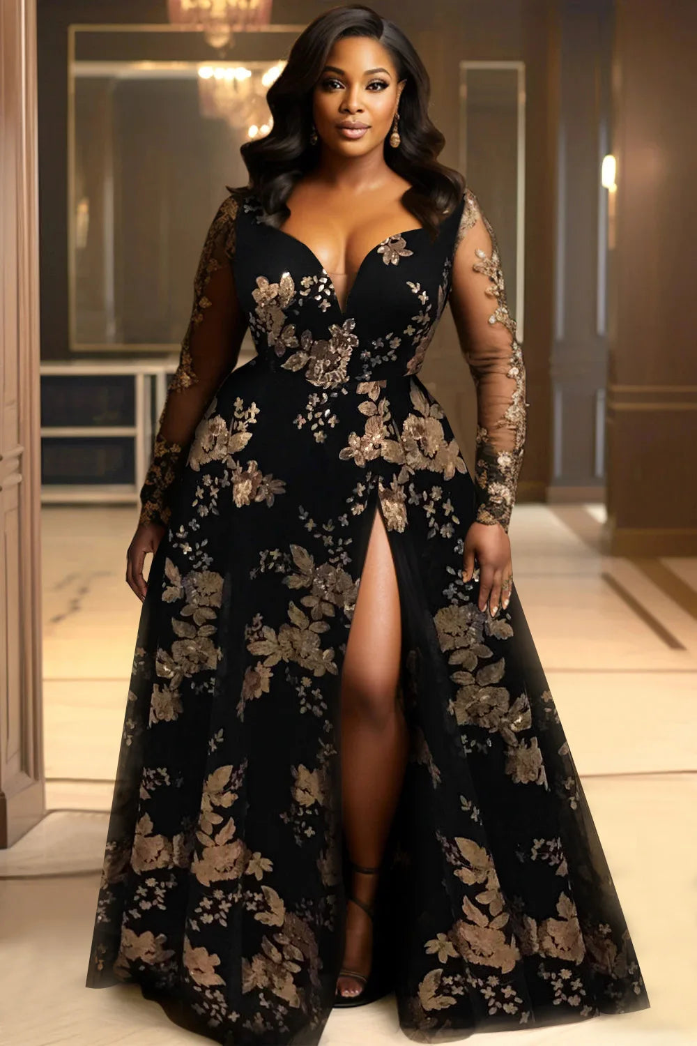 FZ Women's Plus Size V Neck Split See Through Long Sleeve Tulle Maxi Dress