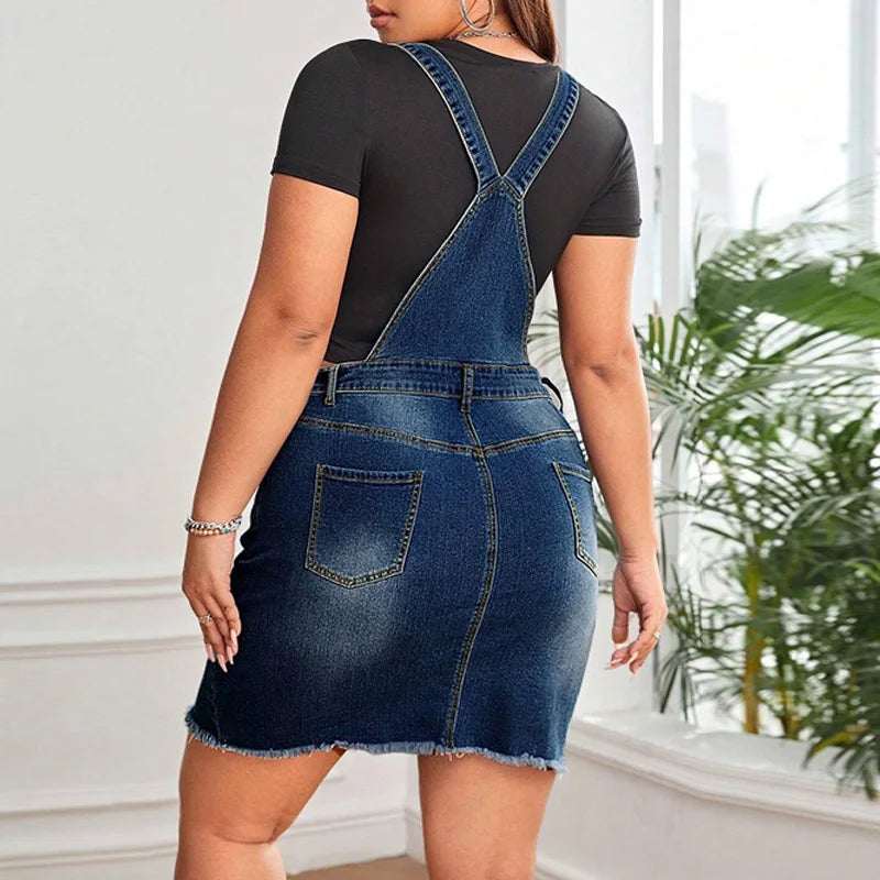 FZ Women's Plus Size Streetwear Ripped Raw Hem Overall Denim Dress