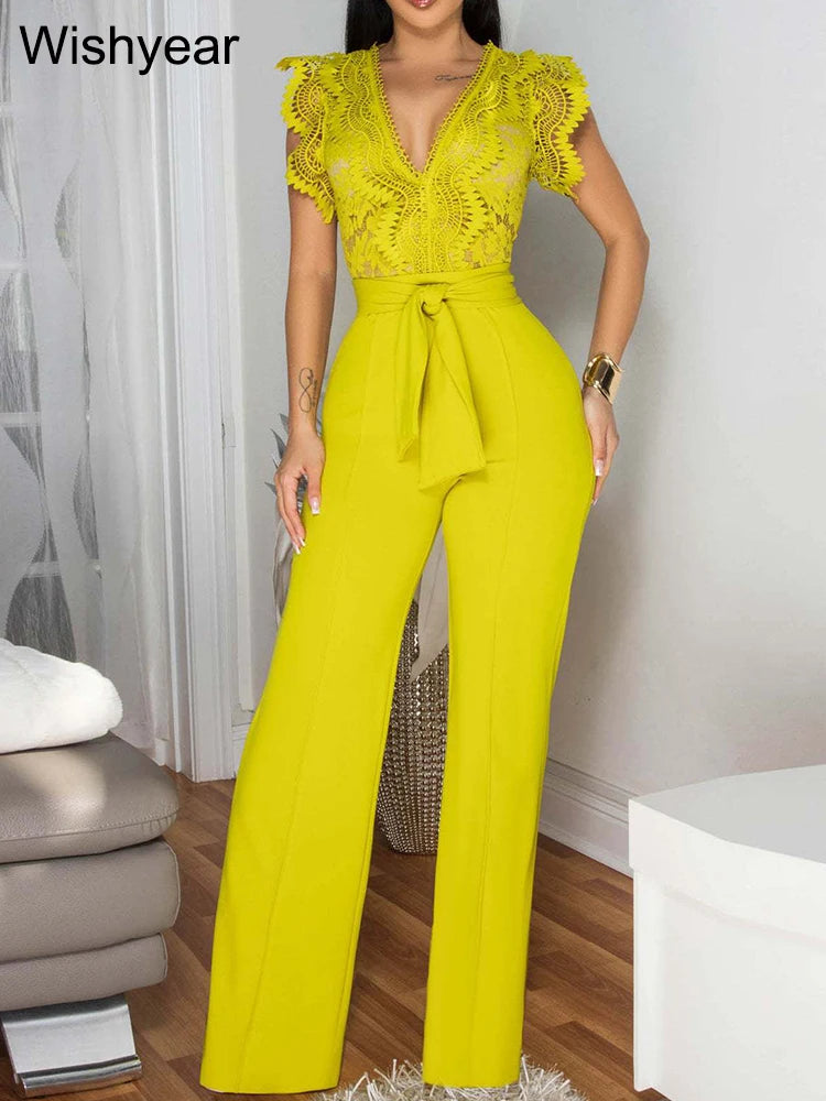 FZ Women's Sleeveless High Waist Wide Leg Lace Patchwork V-Neck Jumpsuit
