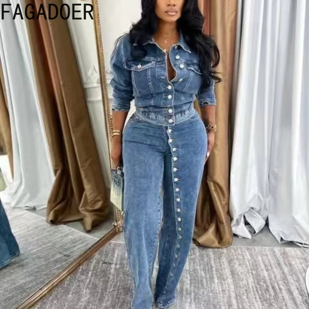 FZ Women's Solid Color Single Breasted Streetwear 2 Pieces Denim Pants Suit