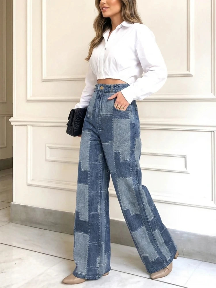 FZ Women's Plaid Contrast Loose Buttoned High Waist Wide Leg Denim Pants