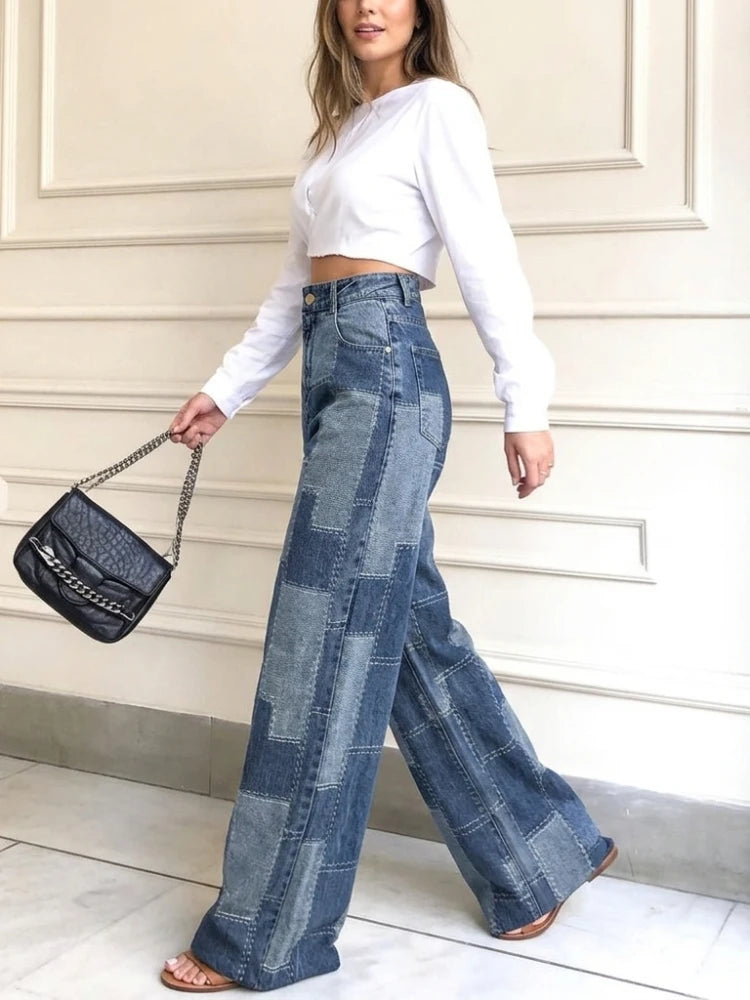 FZ Women's Plaid Contrast Loose Buttoned High Waist Wide Leg Denim Pants