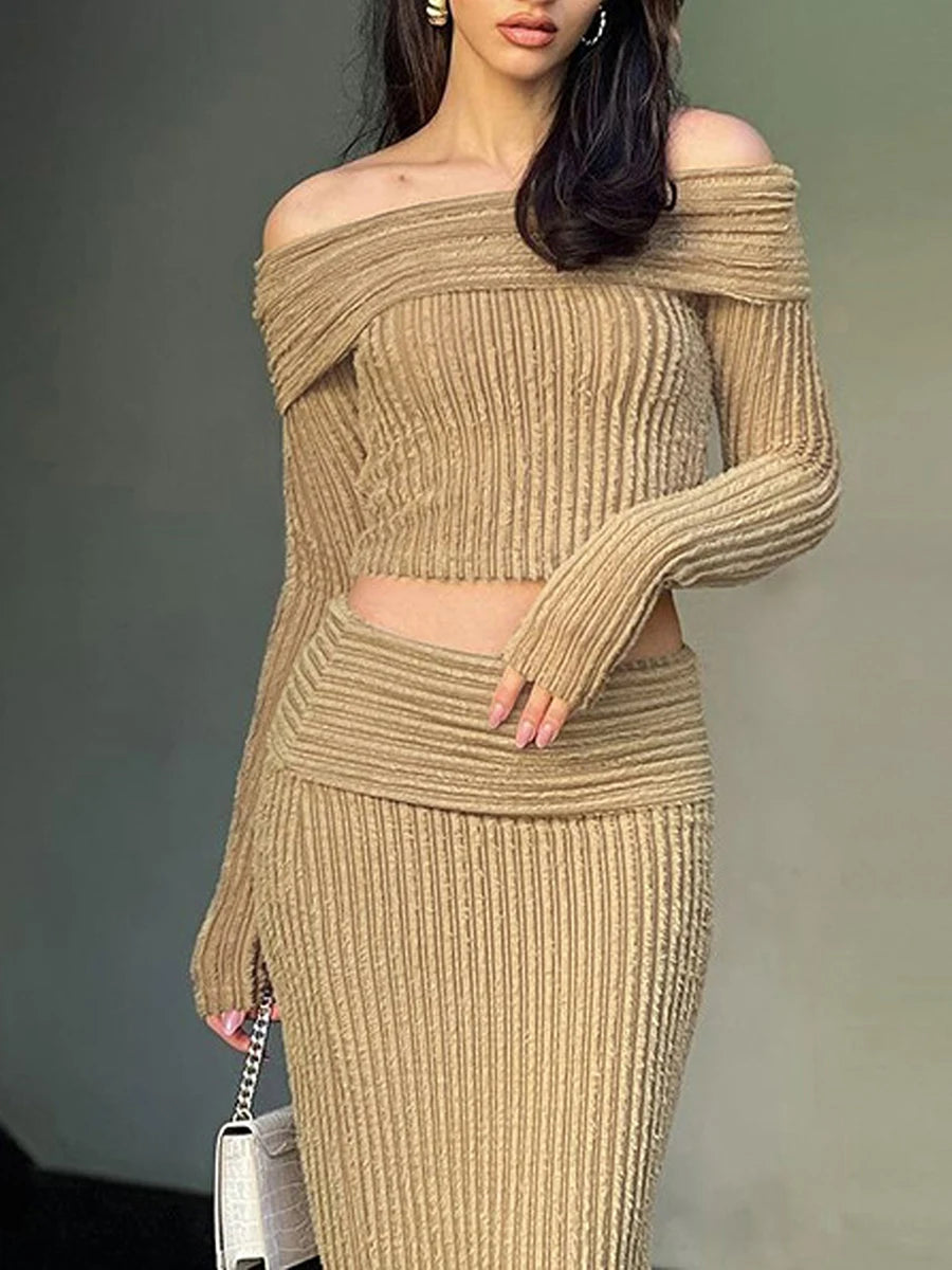 FZ Women's Ribbed Knit Off-Shoulder 2-Piece Skirt Suit