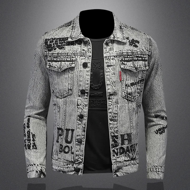 FZ Men's Snowflake Wash Letters Denim Jacket