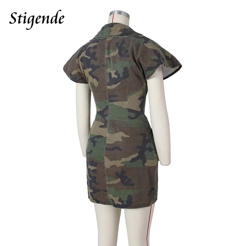 FZ Women's Single Breasted Camouflage Slim Shirt Denim Dress - FZwear
