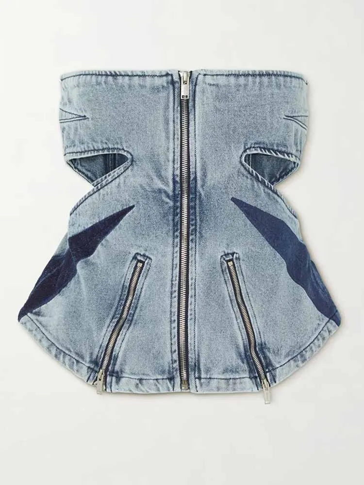 FZ Women's Slim Strapless Backless Hollow Out Denim Pants Suit