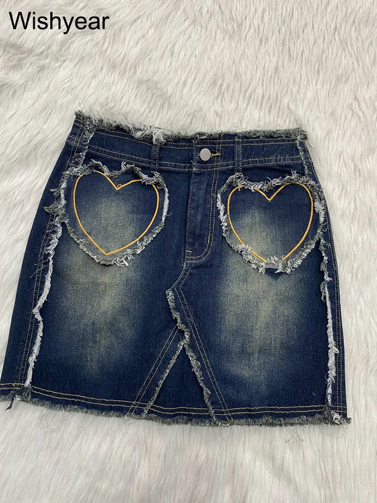 FZ Women's Heart Print Embroidery Ripped High Waist Mini Denim Skirt