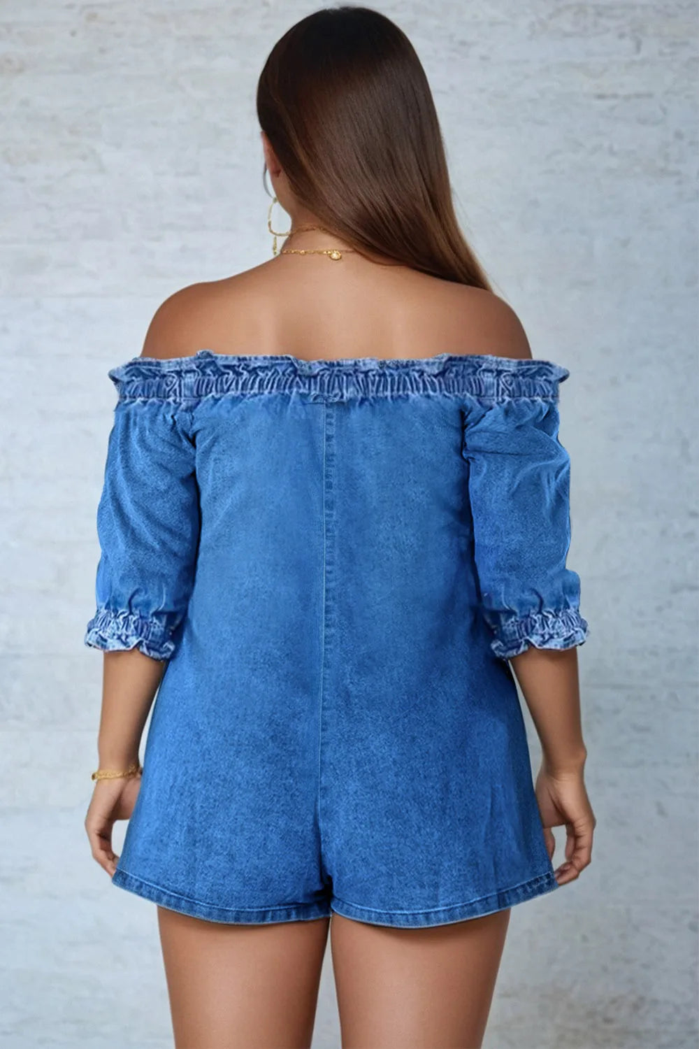 FZ Women's Plus Size Off The Shoulder Puff Sleeve Half Sleeve Pocket Denim Jumpsuit