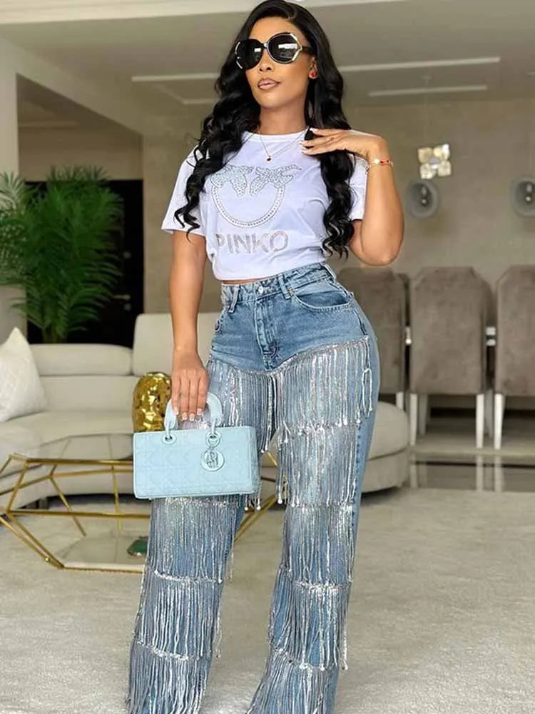 FZ Women's Sequined Tassel High Waist Straight Denim Pants