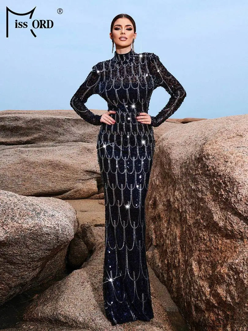 FZ Women's High Neck Sequin Mermaid Cocktail Maxi Evening Dress
