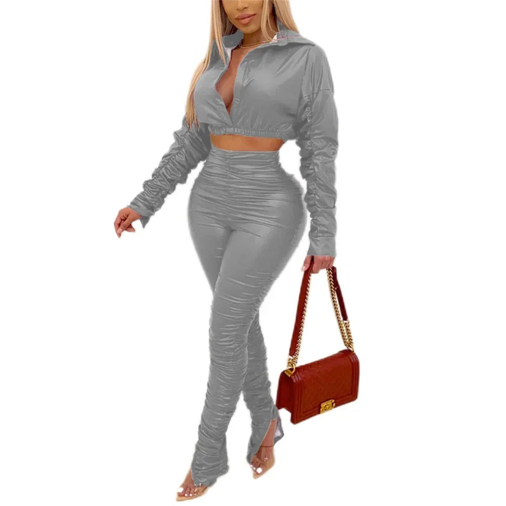 FZ Women's Faux Leather High Waist Two 2 Piece Pants Suit