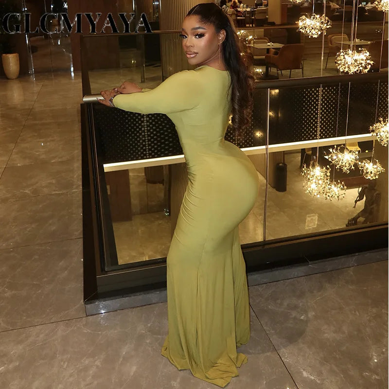 FZ Women's V-neck Hollow Out Long Sleeve Ruched Maxi Dress