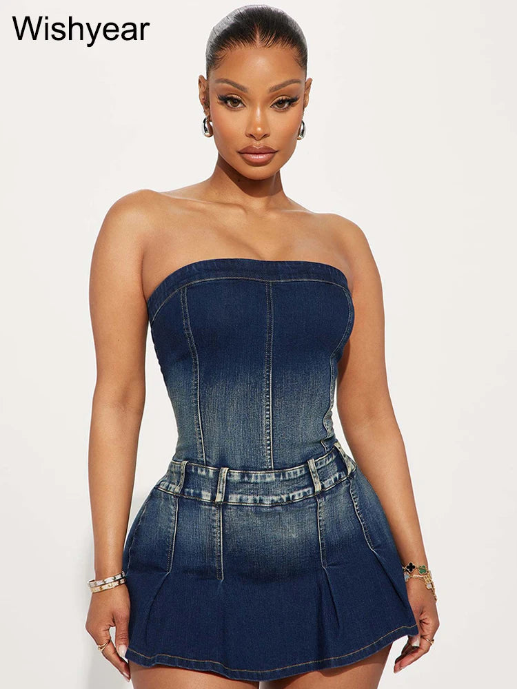 FZ Women's Off Shoulder Streetwear Short Strapless Denim Jumpsuit