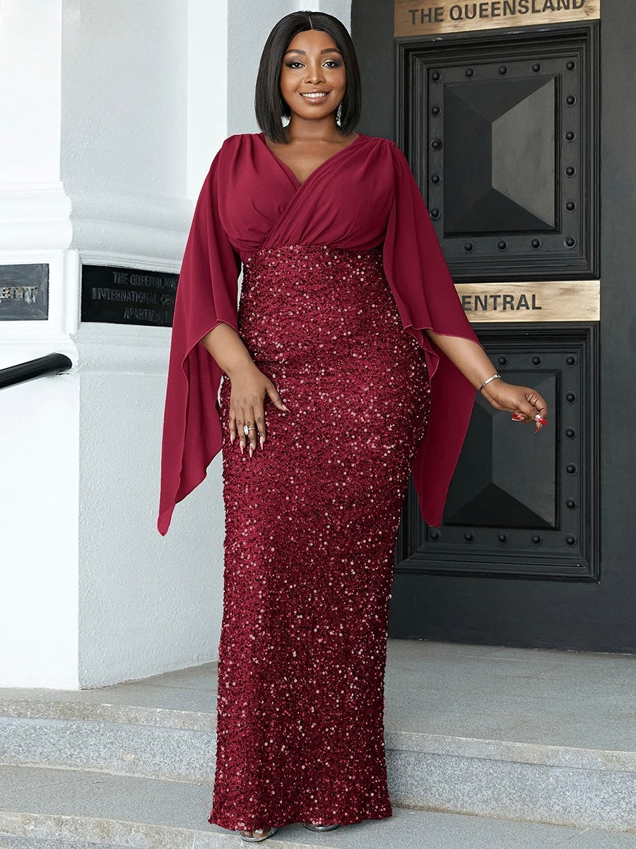 FZ Women's Plus Size V Neck Flare Sleeve Evening Dress