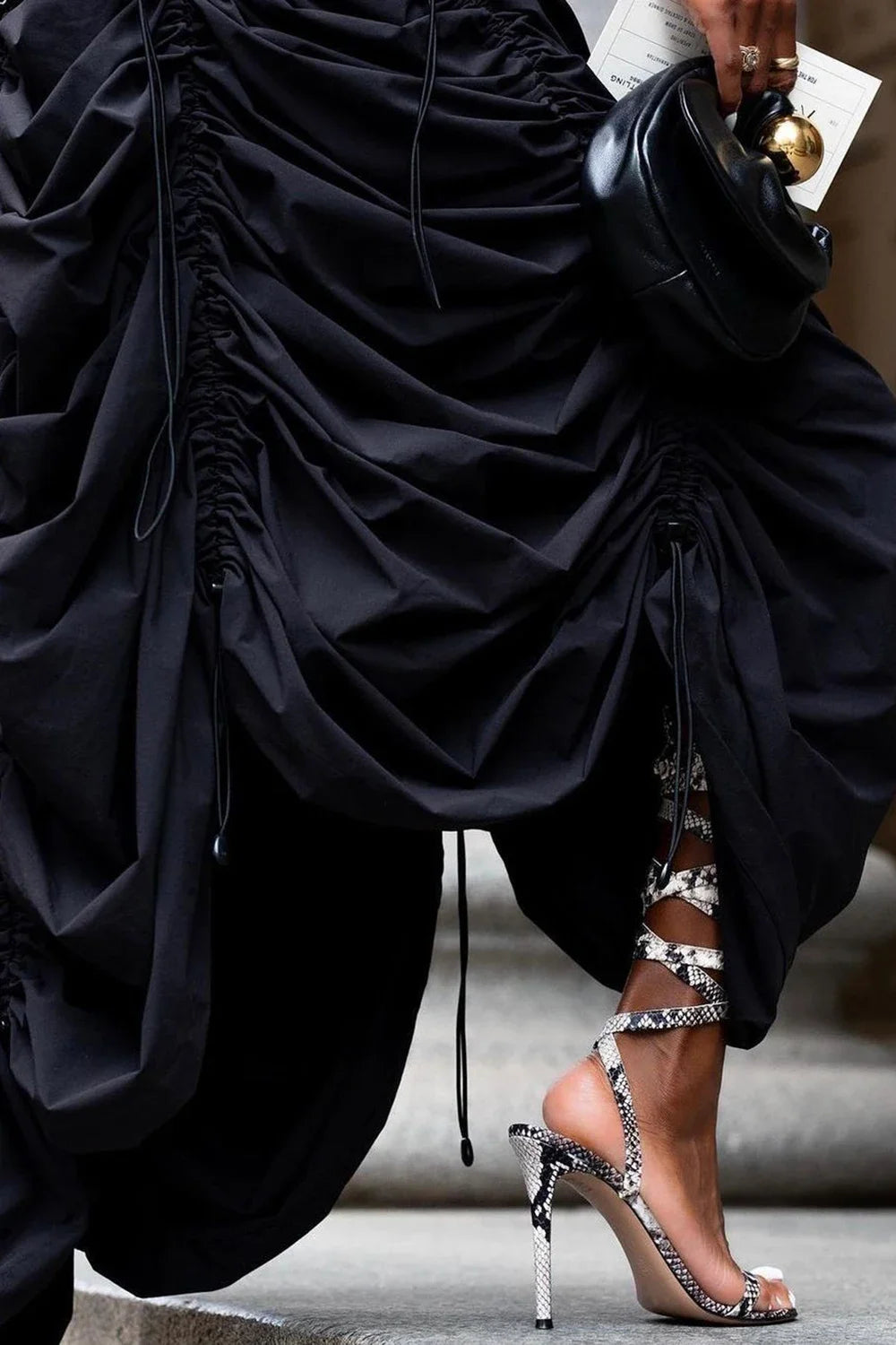 FZ Women's Fold Ruched Vintage Drawstring High Waist Two Piece Skirt Suit