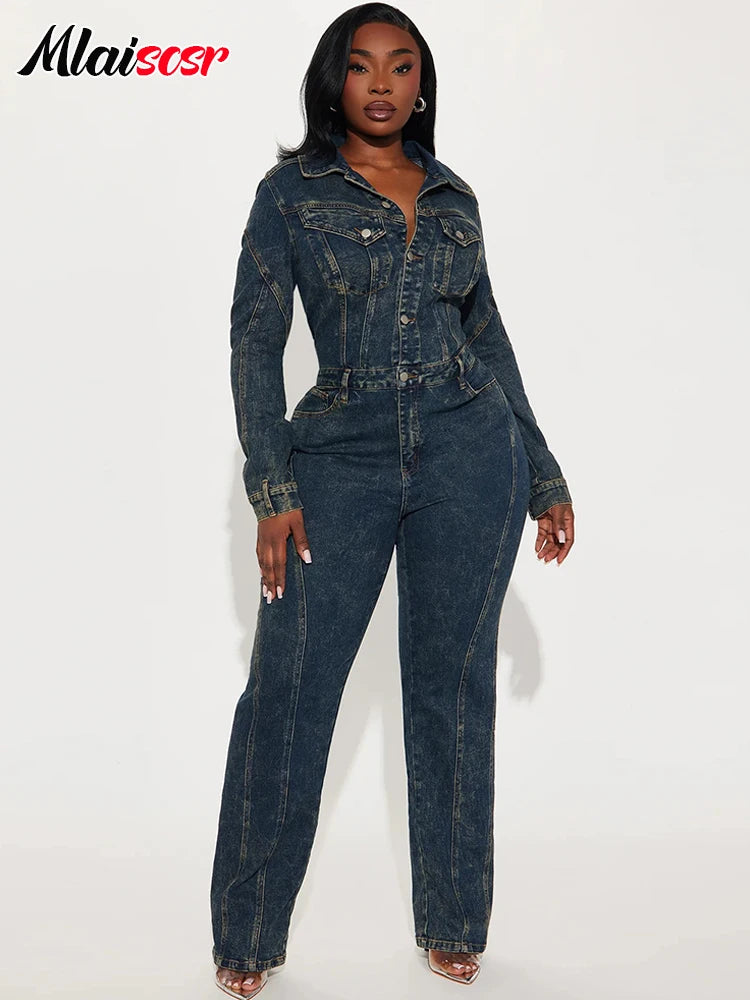 FZ Women's Turn Down Collar Full Sleeve Loose Wide Leg Denim Jumpsuit