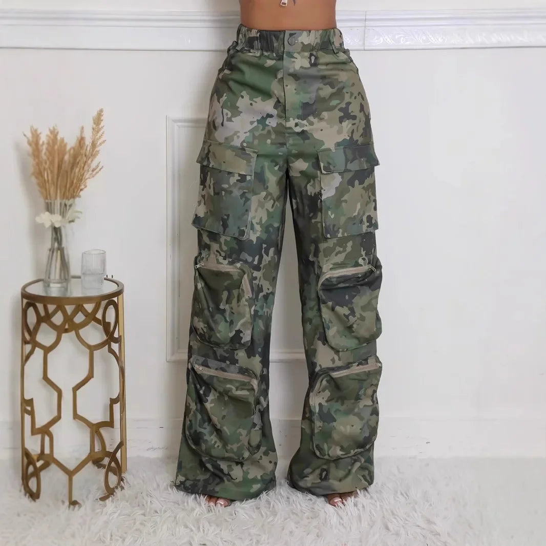 FZ Women's Camouflage High Waist Cargo Pocket Streetwear Wide Leg Pants
