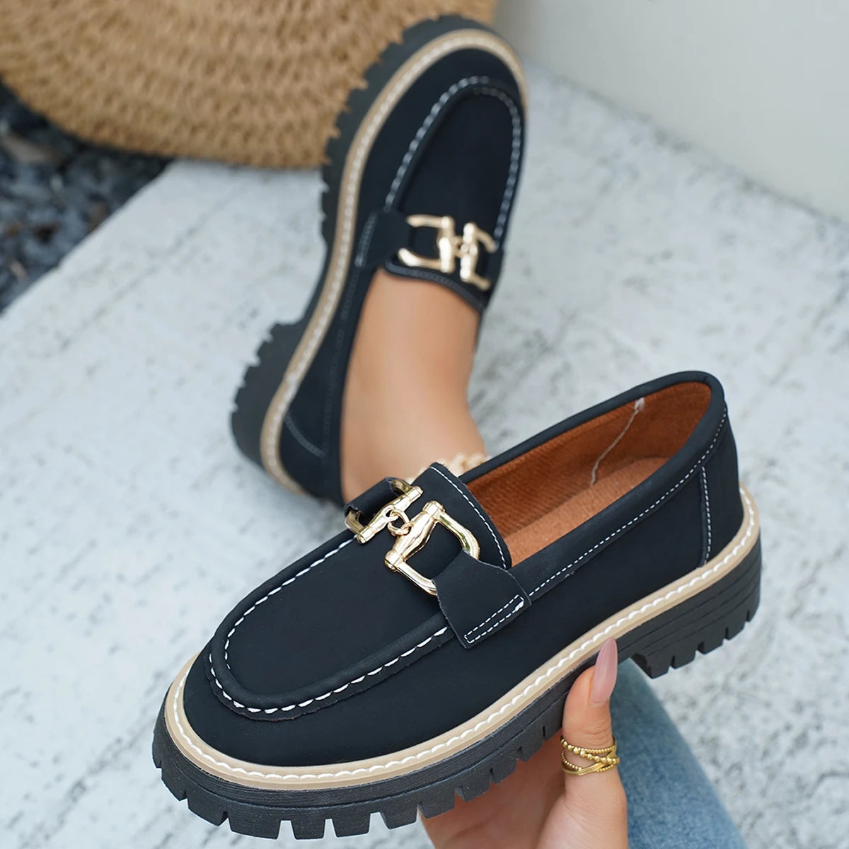 FZ Women's Loafers Retro British Style Thick Heel Shoes