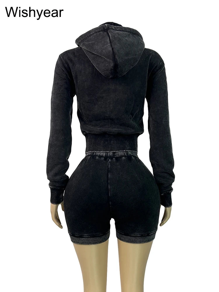 FZ Women's Vintage Wash Velvet Sweatshirt and Leggings 2 Piece Shorts Suit