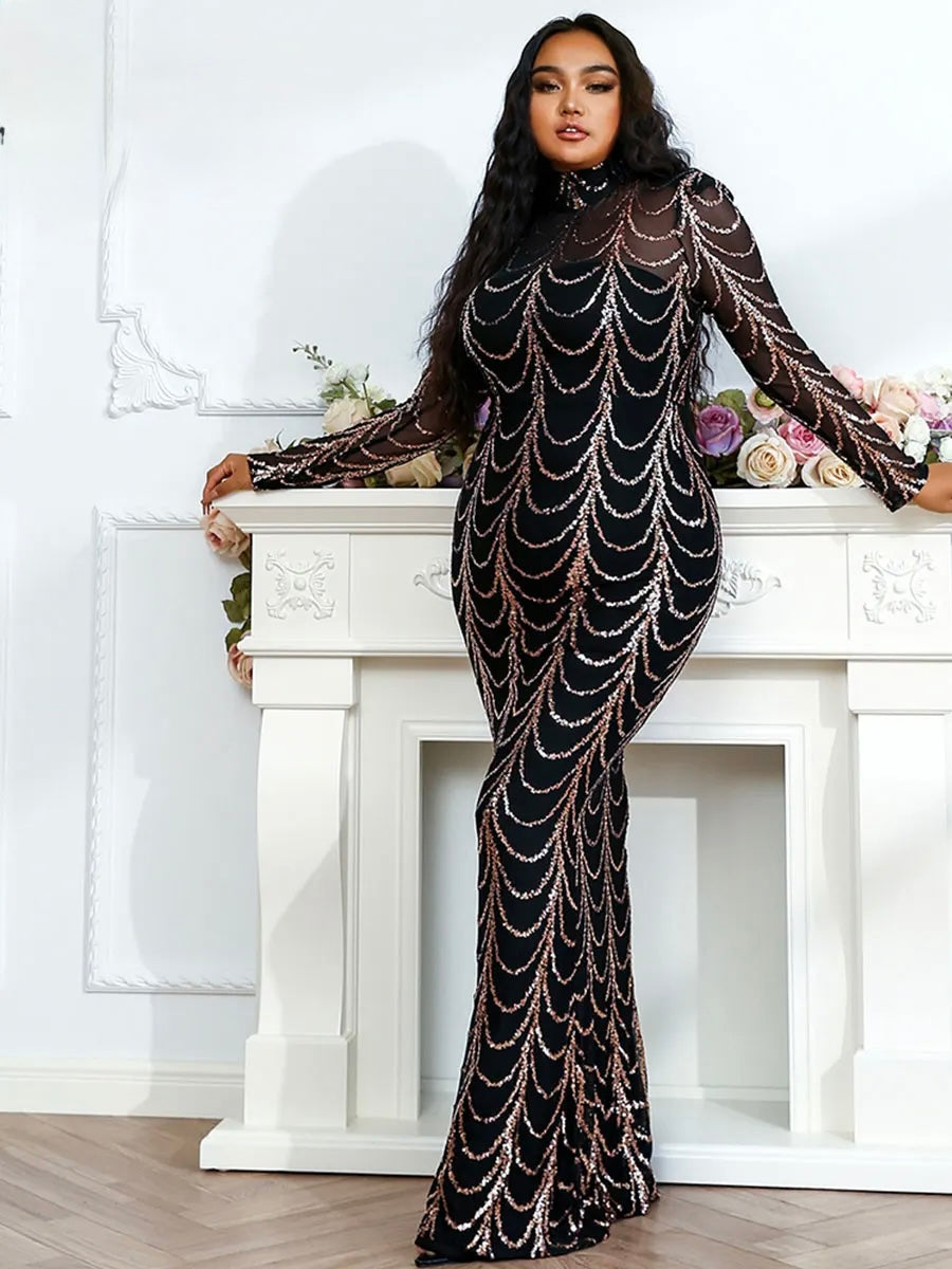FZ Women's Plus Size High Neck Sequins Maxi Evening Dress