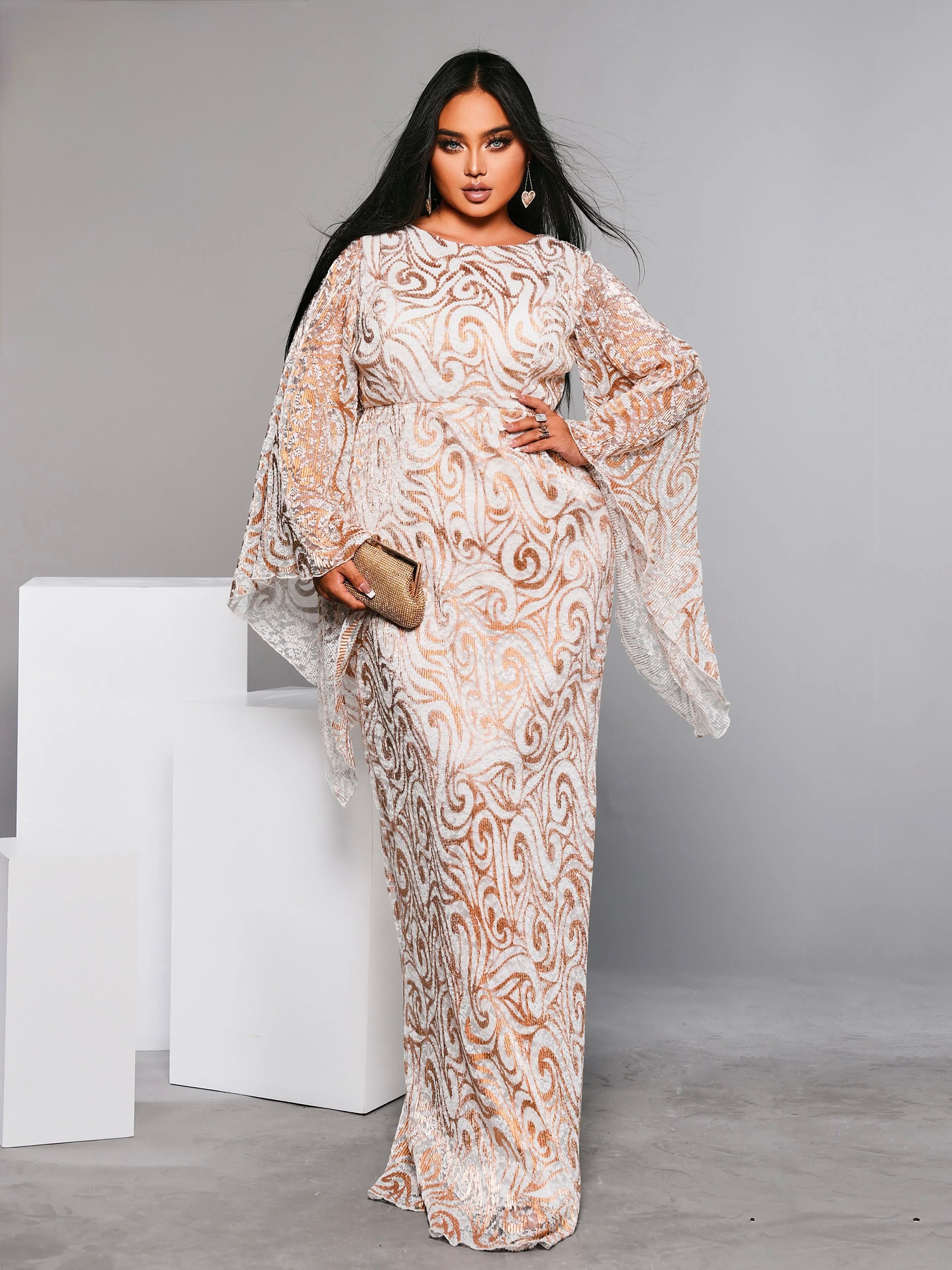 FZ Women's Plus Size Round Neck Flare Sleeve Geometric Sequin Evening Dress