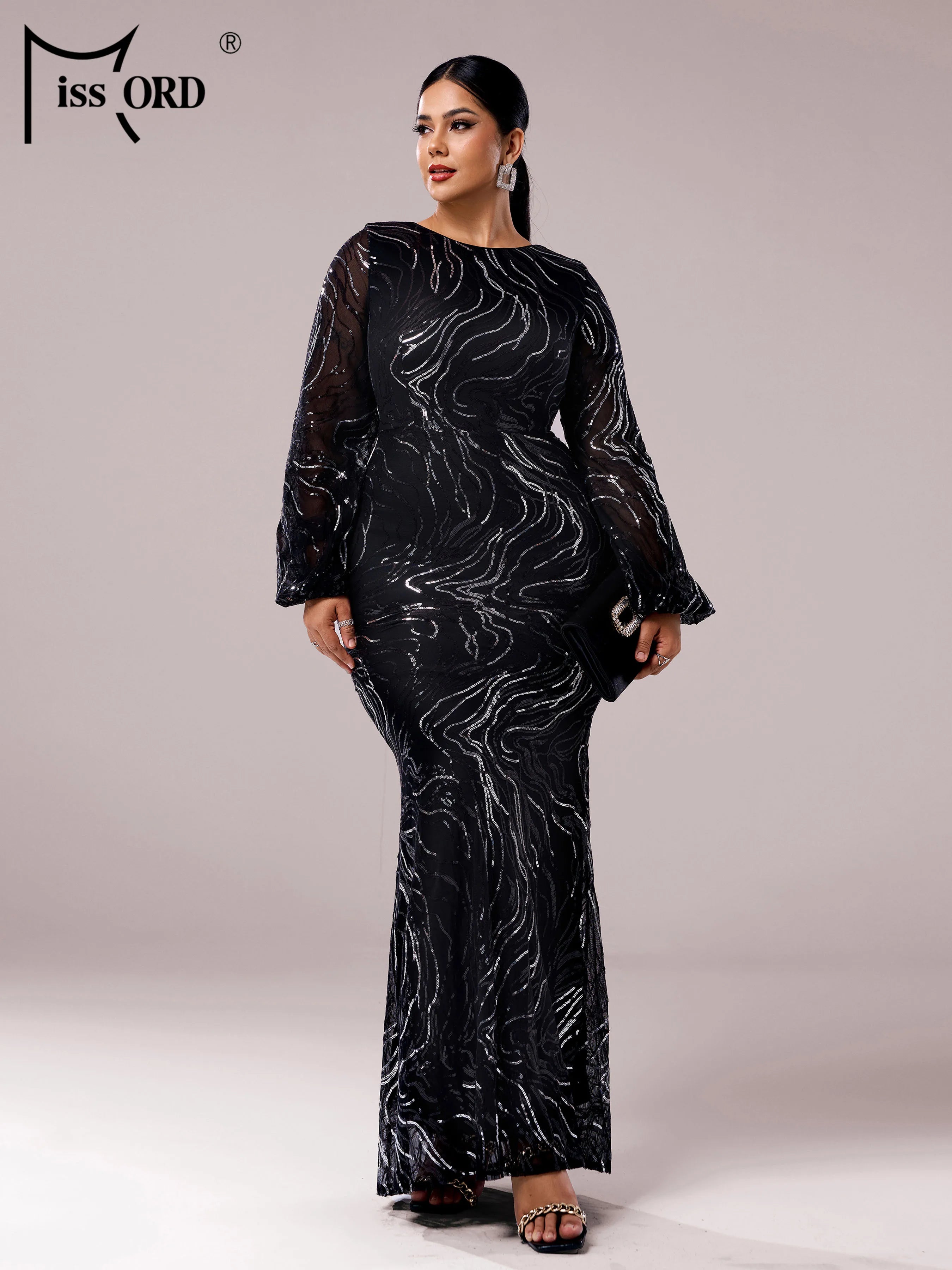 FZ Women's Plus Size Church Lantern Sleeves Round Neck Mermaid Evening Dress