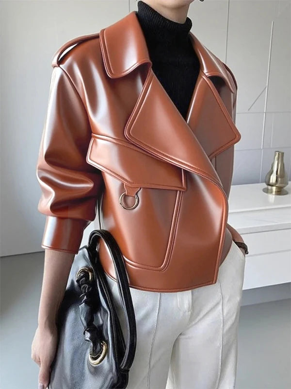 FZ Women's Vintage Long Sleeves Buttoned Faux PU Leather jacket