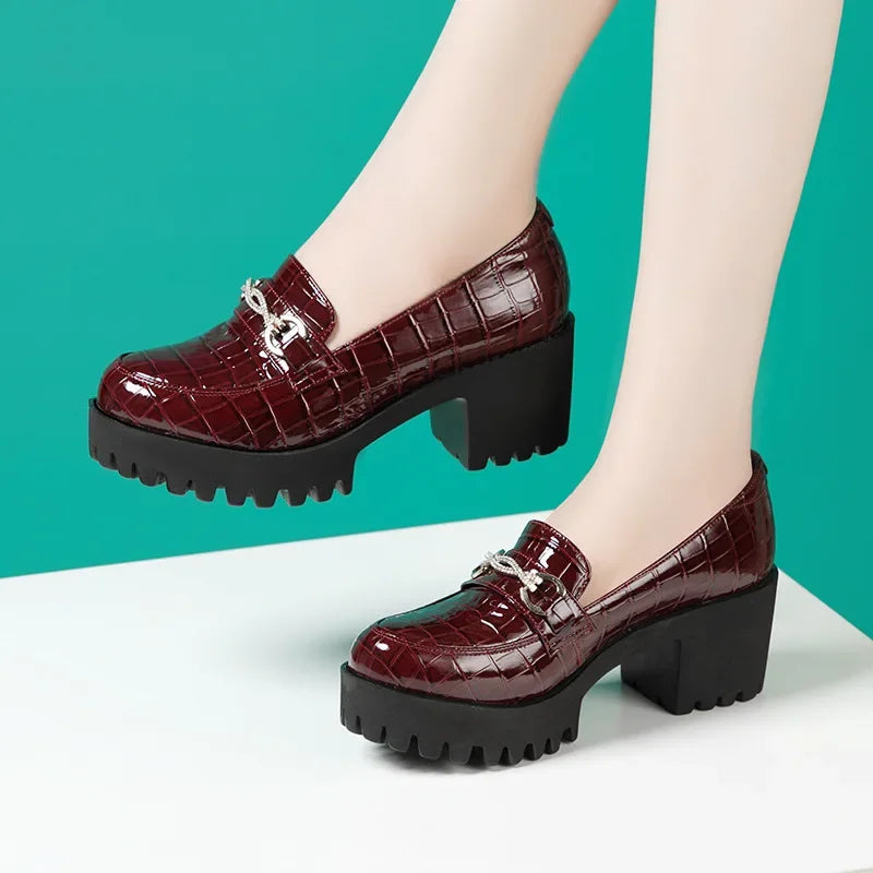 FZ Women's Rhinestone Waterproof Platform Thick Sole Leather Shoes